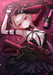 Rule 34 | 1girl, armpits, arms up, assault rifle, black dress, blonde hair, blush, breasts, dinergate (girls&#039; frontline), dress, girls&#039; frontline, gun, highres, large breasts, looking at viewer, lying, m4 sopmod ii, m4 sopmod ii (devourer of the feast) (girls&#039; frontline), m4 sopmod ii (girls&#039; frontline), mechanical arms, multicolored hair, official alternate costume, on back, parted lips, red eyes, red hair, rifle, shumeia, single mechanical arm, smile, solo, streaked hair, weapon