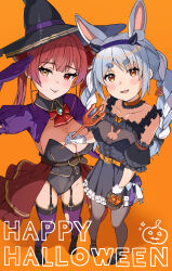 Rule 34 | 2girls, absurdres, animal ears, black leotard, braid, breasts, bucket, carrot hair ornament, choker, cleavage, fake horns, food-themed hair ornament, gloves, hair ornament, halloween, halloween bucket, halloween costume, happy halloween, haru yu, hat, heterochromia, highres, holding, holding bucket, hololive, horn hairband, horns, houshou marine, large breasts, leotard, long hair, looking at viewer, multiple girls, open mouth, orange choker, purple gloves, purple shrug, purple thighhighs, rabbit ears, red eyes, red hair, red skirt, short eyebrows, shrug (clothing), skirt, small breasts, smile, thighhighs, tongue, tongue out, torn clothes, torn thighhighs, twin braids, twintails, usada pekora, virtual youtuber, white gloves, witch, witch hat, yellow eyes