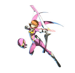 Rule 34 | 1girl, atlus, boots, bow (weapon), brown eyes, brown hair, earrings, full body, gloves, jewelry, miniskirt, official art, pantyhose, persona, persona 3, persona 4: the ultimate in mayonaka arena, persona 4: the ultimax ultra suplex hold, pink pantyhose, pink skirt, sentai, shin megami tensei, short hair, simple background, skirt, soejima shigenori, solo, takeba yukari, weapon, white background, white gloves
