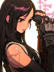 Rule 34 | 1girl, black gloves, black hair, black sports bra, clenched hand, closed mouth, edpan, elbow gloves, final fantasy, final fantasy vii, final fantasy vii remake, from side, gloves, hands up, highres, lips, long hair, pink lips, red eyes, scar on shoulder, simple background, solo, sports bra, straight hair, sweat, tank top, tifa lockhart, upper body, white background, white tank top