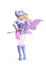 Rule 34 | 1girl, bare shoulders, blonde hair, blue footwear, blue hat, blush, blush stickers, boots, breasts, choker, cleavage, dark magician girl, duel monster, full body, green eyes, hair between eyes, hat, highres, holding, holding wand, large breasts, leotard, leotard under clothes, long hair, looking at viewer, open mouth, pentacle, sengenjin31, smile, solo, staff, wand, white background, wizard hat, yu-gi-oh!, yu-gi-oh! duel monsters