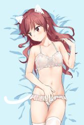 Rule 34 | 1girl, animal ears, blush, bow, bow bra, bra, cat ears, cat tail, chigusa asuha, collarbone, drawn ears, drawn tail, frilled bra, frilled panties, frills, hand on own stomach, light frown, long hair, panties, qualidea code, red eyes, red hair, sekiya asami, solo, tail, thighhighs, underwear, underwear only, white bra, white panties, white thighhighs
