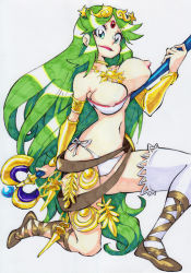 Rule 34 | 1girl, breasts, breasts out, clothes, female focus, green hair, kid icarus, long hair, medium breasts, nintendo, nipples, palutena, panties, rafchu, simple background, stick, thighhighs, underwear, white background, white panties, white thighhighs