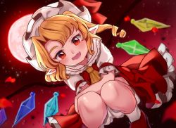 Rule 34 | 1girl, ascot, blonde hair, bloomers, dutch angle, fang, flandre scarlet, full moon, hat, hat ribbon, looking at viewer, mob cap, moon, one side up, open mouth, pointy ears, red eyes, red footwear, red moon, red ribbon, red skirt, ribbon, satomachi, shoes, skirt, smile, socks, solo, squatting, thick eyebrows, touhou, underwear, white hat, white socks, wings, yellow ascot