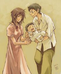 Rule 34 | 1girl, 2boys, age difference, amelie, baby, baby carry, carrying, crying, drawr, facial hair, family, father and son, glasses, holding, husband and wife, ikari gendou, ikari shinji, ikari yui, mother and son, multiple boys, neon genesis evangelion, nightgown, oekaki, short hair, simple background, stubble