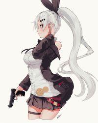 Rule 34 | 1girl, :3, arm up, bare shoulders, belt, black bow, black bowtie, black jacket, black ribbon, black skirt, blouse, blush, bow, bowtie, breasts, center frills, chain, commission, cowboy shot, crescent, crescent earrings, earrings, ehrrr, five-seven (girls&#039; frontline), fn five-seven, frilled shirt, frills, from side, girls&#039; frontline, gun, hair ornament, hair ribbon, handgun, high ponytail, highres, holding, holding gun, holding weapon, huaji, jacket, jewelry, long hair, long sleeves, medium breasts, miniskirt, off shoulder, open clothes, open jacket, pdw-caliber pistol, pistol, pleated skirt, ponytail, ribbon, shirt, silver hair, simple background, skirt, sleeveless, sleeveless shirt, smile, solo, standing, thigh strap, twitter username, weapon, white background, white shirt, yellow eyes, zipper pull tab