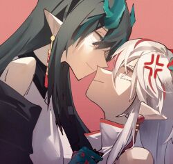 Rule 34 | 2girls, anger vein, arknights, arm tattoo, black hair, colored skin, dress, dusk (arknights), earrings, eye contact, face-to-face, from side, green hair, green skin, jewelry, long hair, looking at another, multicolored hair, multiple girls, nian (arknights), pointy ears, portrait, red background, red hair, siblings, sidelocks, simple background, sisters, streaked hair, tassel, tassel earrings, tattoo, white dress, white hair, xiaomifeng472