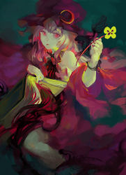 Rule 34 | 1girl, antiquewhite, bare shoulders, book, brooch, crescent moon, dark, dress, faux traditional media, female focus, flower, hair ribbon, hat, highres, jewelry, moon, nail polish, open book, patchouli knowledge, purple dress, purple eyes, purple hair, ribbon, sitting, solo, touhou, tress ribbon