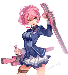 Rule 34 | 1girl, 2022, :d, blue jacket, breasts, cowboy shot, dated, eiyuu densetsu, feng you, floating hair, green eyes, grey vest, hair between eyes, hair ornament, holding, holding weapon, holster, jacket, juna crawford, long hair, long sleeves, looking at viewer, medium breasts, miniskirt, neck ribbon, open clothes, open jacket, open mouth, pink hair, pleated skirt, ponytail, red ribbon, ribbon, sen no kiseki, simple background, skirt, smile, solo, standing, thigh holster, tonfa, v-shaped eyebrows, vest, weapon, white background, white skirt, x hair ornament