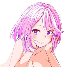 Rule 34 | 1girl, blush, breasts, cleavage, closed mouth, collarbone, hands on own cheeks, hands on own face, large breasts, looking at viewer, nude, original, pink eyes, pink hair, simple background, sketch, smile, solo, white background, zaxwu