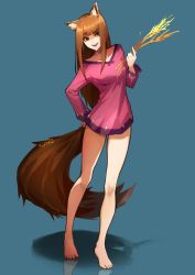 Rule 34 | 1girl, animal ears, artist name, barefoot, blue background, blunt bangs, brown hair, collarbone, fangs, full body, hand on own hip, highres, holo, kuno (runkunochan), legs, long hair, long sleeves, looking at viewer, no pants, open mouth, orange eyes, pink shirt, red eyes, reflection, reflective floor, shadow, shirt, sidelocks, simple background, solo, spice and wolf, tail, toes, wheat, wolf ears, wolf girl, wolf tail