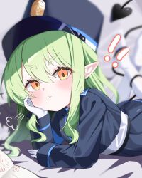 Rule 34 | !, 1girl, absurdres, arm support, belt, black belt, blue archive, blue jacket, blue skirt, blush, cropped jacket, demon girl, demon tail, gloves, green hair, hair between eyes, hat, head rest, highres, hikari (blue archive), jacket, long hair, looking at viewer, looking up, lying, on stomach, pleated skirt, poko050498, reading, shirt, skirt, solo, staring, tail, tail around own leg, very long hair, white gloves, white shirt, yellow eyes