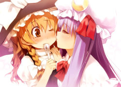 Rule 34 | 2girls, blonde hair, braid, chinchickrin, eating, closed eyes, female focus, food, food on face, hat, kirisame marisa, long hair, multiple girls, patchouli knowledge, purple hair, rice, rice on face, short hair, spoon, touhou, wink, witch, witch hat, yellow eyes, yuri