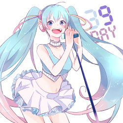 Rule 34 | 1girl, 39, aqua hair, bad id, bad pixiv id, blue eyes, hatsune miku, headphones, long hair, makoto0820, microphone, microphone stand, midriff, navel, open mouth, skirt, solo, twintails, very long hair, vocaloid, white background