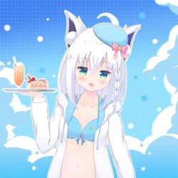Rule 34 | 1girl, :d, absurdres, ahoge, animal ear fluff, animal ears, bad id, bad pixiv id, beret, bikini, bikini under clothes, blue bikini, blue hat, blush, bow, braid, breasts, cake, cake slice, cleavage, cloud, collarbone, commentary request, cup, drawstring, drinking glass, drinking straw, fang, food, fox ears, front-tie bikini top, front-tie top, green eyes, hair between eyes, hat, hat bow, head tilt, highres, holding, holding tray, hololive, hood, hood down, hooded jacket, ice cream, ice cream float, jacket, liang feng qui ye, long hair, looking at viewer, navel, official alternate costume, open clothes, open jacket, open mouth, pink bow, shirakami fubuki, shirakami fubuki (hololive summer 2019), side braid, single braid, small breasts, smile, solo, swimsuit, tilted headwear, tray, upper body, virtual youtuber, white hair, white jacket