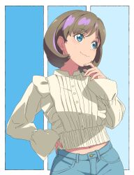 Rule 34 | 1girl, :3, blue eyes, blue pants, bob cut, border, closed mouth, frilled shirt, frills, hand on own chin, hand on own hip, highres, light blue background, light brown hair, long sleeves, looking to the side, looking up, love live!, love live! superstar!!, midriff peek, navel, outside border, pants, parted bangs, sano keiichi, shirt, short hair, sidelighting, sleeves past wrists, solo, tang keke, upper body, white border, white shirt