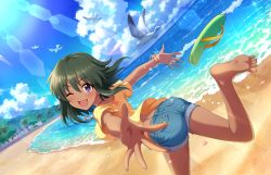Rule 34 | 1girl, barefoot, beach, breasts, dark-skinned female, dark skin, day, dress, feet, green hair, idolmaster, idolmaster cinderella girls, idolmaster cinderella girls starlight stage, jewelry, looking at viewer, medium breasts, natalia (idolmaster), necklace, official art, one eye closed, open mouth, outdoors, palm tree, purple eyes, running, shoes, unworn shoes, short hair, single shoe, sky, smile, soles, solo, summer, toes, tree, wink