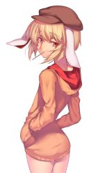 Rule 34 | 1girl, animal ears, blonde hair, cowboy shot, eating, flat cap, floppy ears, hands in pockets, hat, hood, hooded sweater, hoodie, kaiza (rider000), long sleeves, looking at viewer, looking back, rabbit ears, red eyes, ringo (touhou), short hair, simple background, solo, standing, sweater, touhou, transparent background, white background