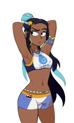 Rule 34 | 1girl, armpits, arms behind head, arms up, blue hair, breasts, creatures (company), dark-skinned female, dark skin, game freak, highres, long hair, makeup, midriff, navel, nessa (pokemon), nintendo, pokemon, pokemon swsh, shadman, shorts, small breasts, solo, sports bra, thick thighs, thighs