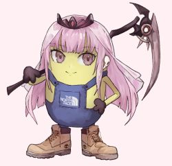 Rule 34 | airpods, black gloves, boots, brown footwear, commission, despicable me, fewer digits, fusion, gloves, highres, holding, holding scythe, hololive, hololive english, long hair, looking to the side, minion (despicable me), mori calliope, overalls, pink eyes, pink hair, scythe, smile, split mouth, subakeye, the north face, tiara, timberland, veil, virtual youtuber, what, wireless earphones