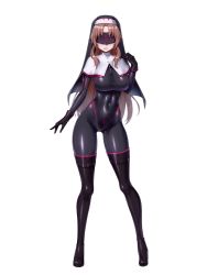 Rule 34 | 1girl, black bodysuit, black footwear, black gloves, blindfold, bodysuit, boots, breasts, brown hair, capelet, chain paradox, character request, cocytus (wind master), covered eyes, covered navel, full body, gloves, gluteal fold, habit, impossible bodysuit, impossible clothes, large breasts, long hair, nun, parted bangs, parted lips, simple background, smile, solo, standing, thigh boots, transparent background, very long hair, white capelet
