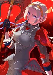 Rule 34 | 1girl, armor, armored dress, axe, aymr (fire emblem), black gloves, cape, cowboy shot, dutch angle, edelgard von hresvelg, fire emblem, fire emblem: three houses, fire emblem warriors, fire emblem warriors: three hopes, forehead, gloves, gradient background, hair ornament, highres, holding, holding axe, long hair, looking at viewer, nintendo, nishikawa (fe), purple eyes, purple ribbon, red background, red cape, ribbon, short sleeves, shoulder armor, solo, white hair