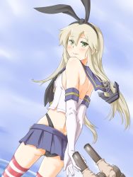 Rule 34 | 10s, 1girl, anchor, arms behind back, bare shoulders, black panties, blonde hair, elbow gloves, gloves, green eyes, hair ribbon, highleg, highleg panties, highres, kantai collection, looking at viewer, miniskirt, panties, rabinidaddo, rensouhou-chan, ribbon, shimakaze (kancolle), skirt, smile, solo, striped clothes, striped thighhighs, thighhighs, underwear