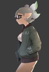 Rule 34 | 1girl, alternate costume, bikini, breasts, brown eyes, closed mouth, cross-shaped pupils, earrings, from side, gradient hair, green hair, green jacket, grey background, grey hair, hands in pockets, highres, inkling, jacket, jewelry, long sleeves, marie (splatoon), medium breasts, multicolored hair, nintendo, open clothes, open jacket, pocket, pointy ears, puchiman, simple background, solo, splatoon (series), suction cups, swimsuit, symbol-shaped pupils, tentacle hair, two-tone hair, white bikini