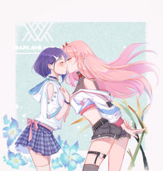 Rule 34 | 10s, 2girls, absurdres, arms behind back, black hair, black shorts, blue flower, closed eyes, copyright name, crop top, darling in the franxx, denim, denim shorts, earrings, floating hair, flower, from side, grey legwear, hair ornament, hairband, hairclip, highres, ichigo (darling in the franxx), jewelry, long hair, midriff, miniskirt, multiple girls, pink hair, pleated skirt, short hair, short shorts, shorts, skirt, standing, strelizia, striped clothes, striped skirt, thigh strap, torn clothes, torn shorts, very long hair, xilin, yuri, zero two (darling in the franxx)