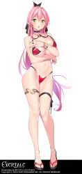 Rule 34 | 1girl, anklet, arm under breasts, bare shoulders, bikini, blush, bracelet, breast hold, breasts, choker, cleavage, commentary request, copyright name, covering privates, covering breasts, evertale, full body, green eyes, hair between eyes, jewelry, large breasts, long hair, looking at viewer, navel, official art, open mouth, pink hair, pointy ears, popqn, sandals, simple background, sleeveless, solo, swimsuit, thigh strap, tongue, white background