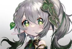 Rule 34 | 1girl, artist name, bare shoulders, blush, braid, closed mouth, cross-shaped pupils, detached sleeves, dress, gem, genshin impact, gradient background, green eyes, green gemstone, green hair, grey background, grey hair, hair ornament, heart, heart hair ornament, highres, leaf hair ornament, long hair, looking afar, multicolored hair, nahida (genshin impact), new gnsn, pointy ears, ponytail, short sleeves, side ponytail, sidelocks, simple background, solo, symbol-shaped pupils, two-tone hair, upper body, white background, white dress