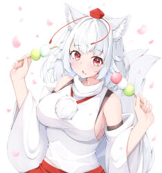 Rule 34 | 1girl, animal ear fluff, animal ears, bare shoulders, blush, breasts, dango, detached sleeves, food, hair between eyes, hat, holding, holding food, inubashiri momiji, japanese clothes, large breasts, parted lips, pom pom (clothes), red eyes, red hat, rururiaru, sanshoku dango, short hair, simple background, solo, tail, tokin hat, touhou, upper body, wagashi, white background, white hair, white sleeves, wide sleeves, wolf ears, wolf tail