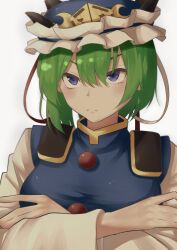 Rule 34 | 1girl, absurdres, blue eyes, blue hat, breasts, closed mouth, commentary, crossed arms, epaulettes, frilled hat, frills, green hair, grey background, hat, highres, large breasts, looking at viewer, raian macaroni, shiki eiki, short hair, simple background, solo, touhou, upper body