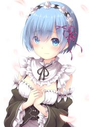 Rule 34 | 10s, 1girl, absurdres, amane tari, black ribbon, blue eyes, blue hair, blush, breasts, cleavage, collar, commentary, detached collar, detached sleeves, eyebrows, frilled collar, frilled sleeves, frills, hair ornament, hair over one eye, hands on own chest, highres, light smile, looking at viewer, maid, maid headdress, matching hair/eyes, medium breasts, own hands together, petals, purple ribbon, re:zero kara hajimeru isekai seikatsu, rem (re:zero), ribbon, short hair, simple background, smile, solo, white background, x hair ornament
