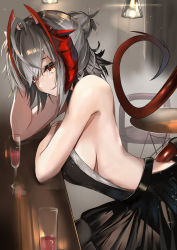 Rule 34 | 1girl, akasabi, alternate costume, antenna hair, arknights, arm support, backless dress, backless outfit, bare arms, bare shoulders, black dress, breasts, ceiling light, counter, cup, demon girl, demon horns, demon tail, dress, drinking glass, from side, grey hair, hair bun, hand in own hair, highres, horns, indoors, large breasts, leaning forward, looking at viewer, looking to the side, multicolored hair, parted lips, red eyes, red hair, short hair, sideboob, single hair bun, smile, solo, table, tail, two-tone hair, w (arknights)