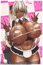 Rule 34 | 1girl, 3d, bikini, bikini top only, blonde hair, breasts, character name, cleavage, curvy, fishnet pantyhose, fishnets, green eyes, highres, huge breasts, long hair, looking at viewer, makeup, mascara, mole, mole under eye, nail polish, one eye closed, pantyhose, pico majin r, pink nails, smile, solo, striped bikini, striped clothes, swimsuit, thick thighs, thighhighs, thighs, twintails, waitress uniform