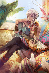 Rule 34 | 10s, 1boy, acoustic guitar, bare shoulders, beach, bird, blue eyes, boots, chain chronicle, chair, day, fingerless gloves, gabuccc, gloves, guitar, highres, instrument, jewelry, crossed legs, male focus, necklace, pillow, ring, seagull, sheet music, topless male, sitting, solo, sunlight, tattoo, white hair, wristband