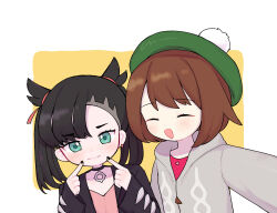 Rule 34 | 2girls, :d, asymmetrical bangs, black hair, black jacket, blush, border, brown hair, buttons, cable knit, cardigan, closed eyes, closed mouth, commentary, creatures (company), dian (nanooo i), dress, earrings, eyelashes, fingersmile, game freak, gloria (pokemon), green eyes, green headwear, grey cardigan, hair ribbon, hands up, hat, hooded cardigan, jacket, jewelry, long sleeves, marnie (pokemon), multiple girls, nintendo, open clothes, open jacket, open mouth, outside border, pink dress, pink ribbon, pokemon, pokemon swsh, ribbon, short hair, smile, tam o&#039; shanter, twintails, upper body, white border, yellow background