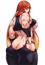 Rule 34 | 1girl, absurdres, ass, back, bare arms, bare shoulders, biceps, breasts, broad shoulders, bustier, butt crack, commentary, cromwellb, facepaint, from behind, fuuma kotarou (tenkaichi), gradient hair, halterneck, highres, large breasts, long hair, looking at viewer, multicolored hair, muscular, muscular female, no panties, orange hair, pants, parted bangs, red eyes, red hair, revealing clothes, simple background, smile, solo, tenkaichi nihon saikyou bugeisha ketteisen, underboob, very long hair, wristband