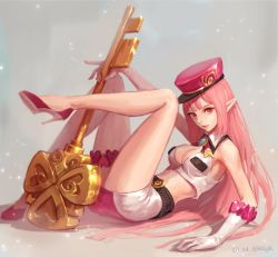 Rule 34 | 1girl, artist name, bakgae, belt, breasts, cleavage, collar, dated, full body, gem, gloves, grey background, hat, heart, high heels, key, leg lift, legs, lips, lying, midriff, miniskirt, nose, pink hair, pink theme, pointy ears, red eyes, red footwear, shoes, skirt, sleeveless, solo, watermark, white gloves