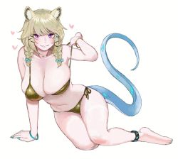 Rule 34 | 1girl, alternate costume, animal ears, anklet, aqua nails, arknights, bikini, blue bow, bow, braid, breasts, brown hair, fang, fang out, gold bikini, haioku colonel, hair bow, hair ornament, hairclip, heart, huge breasts, infection monitor (arknights), jewelry, long hair, looking at viewer, nail polish, purple eyes, side-tie bikini bottom, simple background, skin fang, slit pupils, solo, strap pull, swimsuit, tail, twin braids, utage (arknights), white background, wristband, x hair ornament