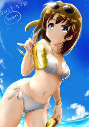 Rule 34 | 1girl, artist name, ban (777purin), beer can, bikini, blue eyes, blush, breasts, brown hair, can, closed mouth, dated, drink can, eyewear on head, highres, large breasts, looking at viewer, lyrical nanoha, mahou shoujo lyrical nanoha strikers, navel, short hair, side-tie bikini bottom, sky, smile, solo, striped bikini, striped clothes, sunglasses, swimsuit, yagami hayate