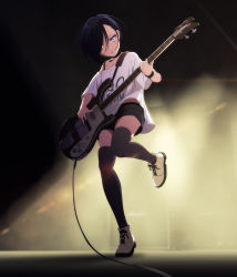 Rule 34 | 1girl, :o, ankle boots, backlighting, bad id, bad pixiv id, bare shoulders, bass guitar, black hair, black thighhighs, blue eyes, blush, boots, brown footwear, cable, choker, collarbone, electric guitar, full body, guitar, hair over one eye, highres, instrument, jet (jetpic), jewelry, leg up, music, off shoulder, original, parted lips, pendant, playing instrument, rickenbacker, rickenbacker 4001, shirt, short hair, short sleeves, shorts, solo, standing, standing on one leg, thighhighs, white shirt