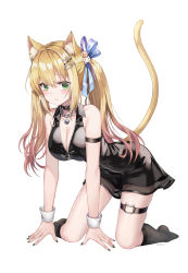 Rule 34 | 1girl, all fours, animal ear fluff, animal ears, arm strap, bare shoulders, bell, black choker, black dress, black nails, black socks, blonde hair, breasts, caba (caba091), cat ears, cat girl, cat tail, chain, choker, cleavage, closed mouth, collarbone, collared dress, dress, expressionless, green eyes, hair ornament, hair ribbon, hairclip, highres, jewelry, jingle bell, kneehighs, large breasts, long hair, looking at viewer, nail polish, necklace, original, partially unzipped, ribbon, short dress, sidelocks, simple background, skindentation, sleeveless, sleeveless dress, socks, solo, tail, tail raised, thigh strap, thighs, twintails, white background, wrist cuffs, zipper