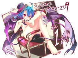Rule 34 | 10s, 1boy, ahoge, armchair, barefoot, blue hair, bow, cape, chair, convenient censoring, countdown, demon tail, fang, feet, finger to mouth, gradient hair, hat, hat bow, highres, kamiya yuu, crossed legs, looking at viewer, male focus, multicolored eyes, multicolored hair, naked cape, no game no life, no panties, open mouth, plum (no game no life), sitting, solo, tail, trap, wings