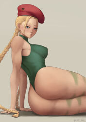 Rule 34 | 1girl, ass, beret, blonde hair, blue eyes, bodypaint, braid, breasts, cammy white, from side, green leotard, grey background, hat, highleg, highleg leotard, highres, huge ass, kris null, large breasts, leotard, long hair, looking at viewer, muscular, muscular female, parted lips, red hat, scar, scar on face, sidelocks, simple background, sitting, street fighter, teeth, twin braids, twintails, twitter username, very long hair, wide-eyed