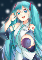 Rule 34 | 1girl, aqua eyes, aqua hair, detached sleeves, hatsune miku, long hair, looking at viewer, microphone, necktie, open mouth, smile, solo, sunege (hp0715), twintails, vocaloid