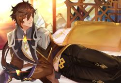 Rule 34 | 1boy, bed, bed frame, black gloves, black legwear, brown hair, collar, collared shirt, formal, genshin impact, gloves, glowing, hair between eyes, hand on own arm, jacket, jewelry, long hair, long sleeves, looking at viewer, lying, male focus, midriff, midriff peek, navel, necktie, on side, open mouth, paid reward available, pillow, ponytail, shirt, solo, suit, yellow eyes, zhineart, zhongli (genshin impact)