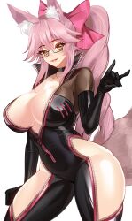 Rule 34 | 1girl, animal ear fluff, animal ears, black bodysuit, blush, bodysuit, bow, breasts, center opening, choker, cleavage, collarbone, fate/grand order, fate (series), fox ears, fox girl, fox shadow puppet, fox tail, glasses, hair between eyes, hair bow, highres, hip vent, koyanskaya (assassin) (first ascension) (fate), koyanskaya (fate), large breasts, long hair, looking at viewer, parted lips, pink bow, pink hair, ponytail, sidelocks, smile, solo, tail, tamamo (fate), thighs, volyz, yellow eyes