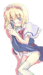 Rule 34 | 1girl, alice margatroid, blonde hair, blue eyes, blush, closed mouth, clothes lift, dress, female focus, frown, hands up, headband, lifting own clothes, lowleg, lowleg panties, lying, nanazaki, oekaki, on side, panties, pupiless eyes, shadow, short hair, short sleeves, sidelocks, simple background, skirt, skirt lift, solo, tears, thighhighs, touhou, underwear, upskirt, white background, white panties, white thighhighs, wiping tears
